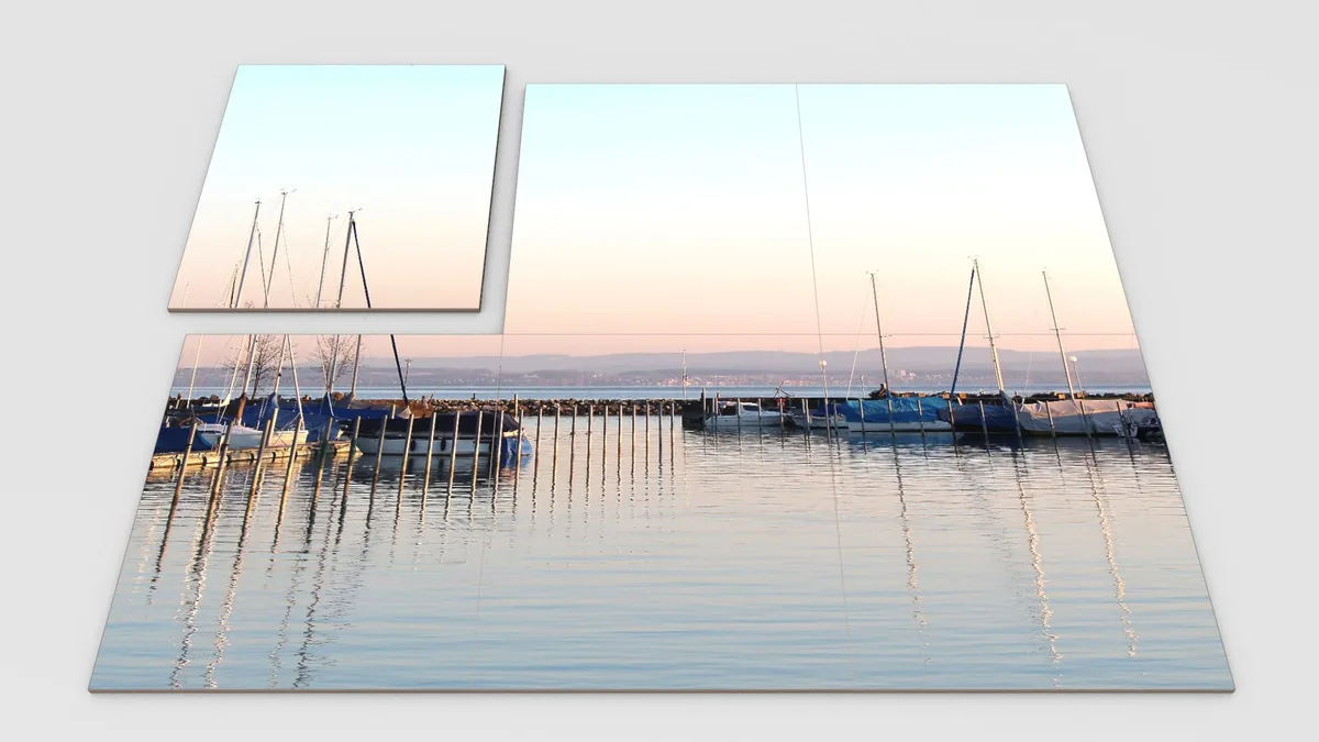 Frameless mit Bilddruck: sechs Segmente ergeben ein Gesamtbild im Format 2 × 3 Meter