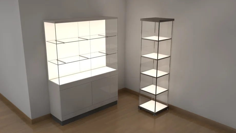 LED-Flächenlicht FRAMELESS-W im Möbelbau, Vitrine mit leuchtenden Regalböden