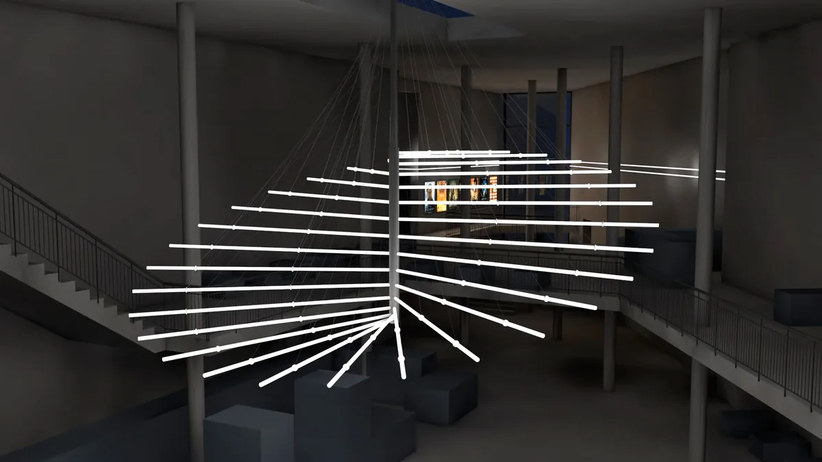 Kino: Kronleuchter aus LED Light-Liner Lichtrohren, Ansicht von unten