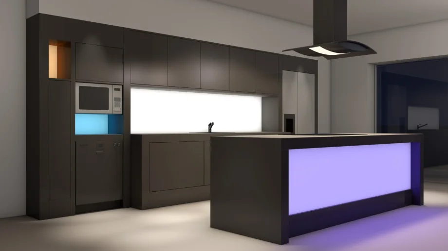 LED-Flächenlicht als Küchenrückwand und als Frontverkleidung der Kücheninsel