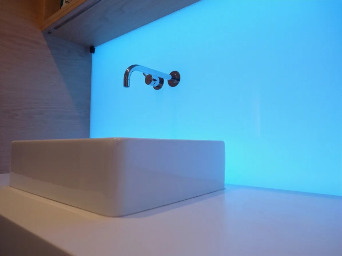 RGB Flächenlicht Blau mit Glasfront in einem Münchner Loft-Appartement