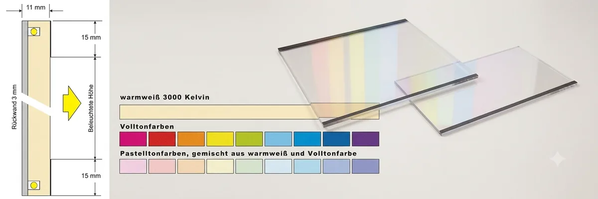 Farbspektrum und Schnitt eines RGB-W Flächenlicht Moduls