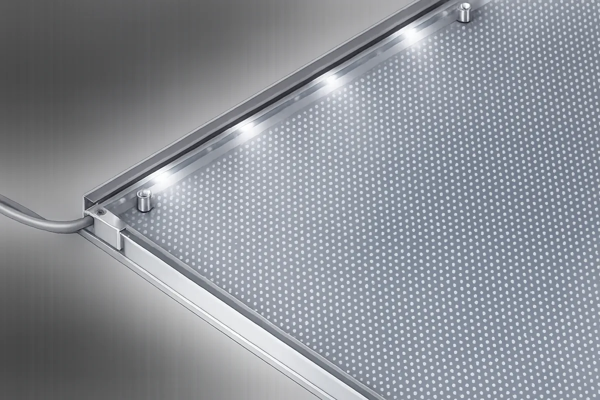 LED-Flächenlicht mit Seiteneinspeisung: LEDs an der Kante des Moduls koppeln das Licht in die Acrylglasscheibe ein